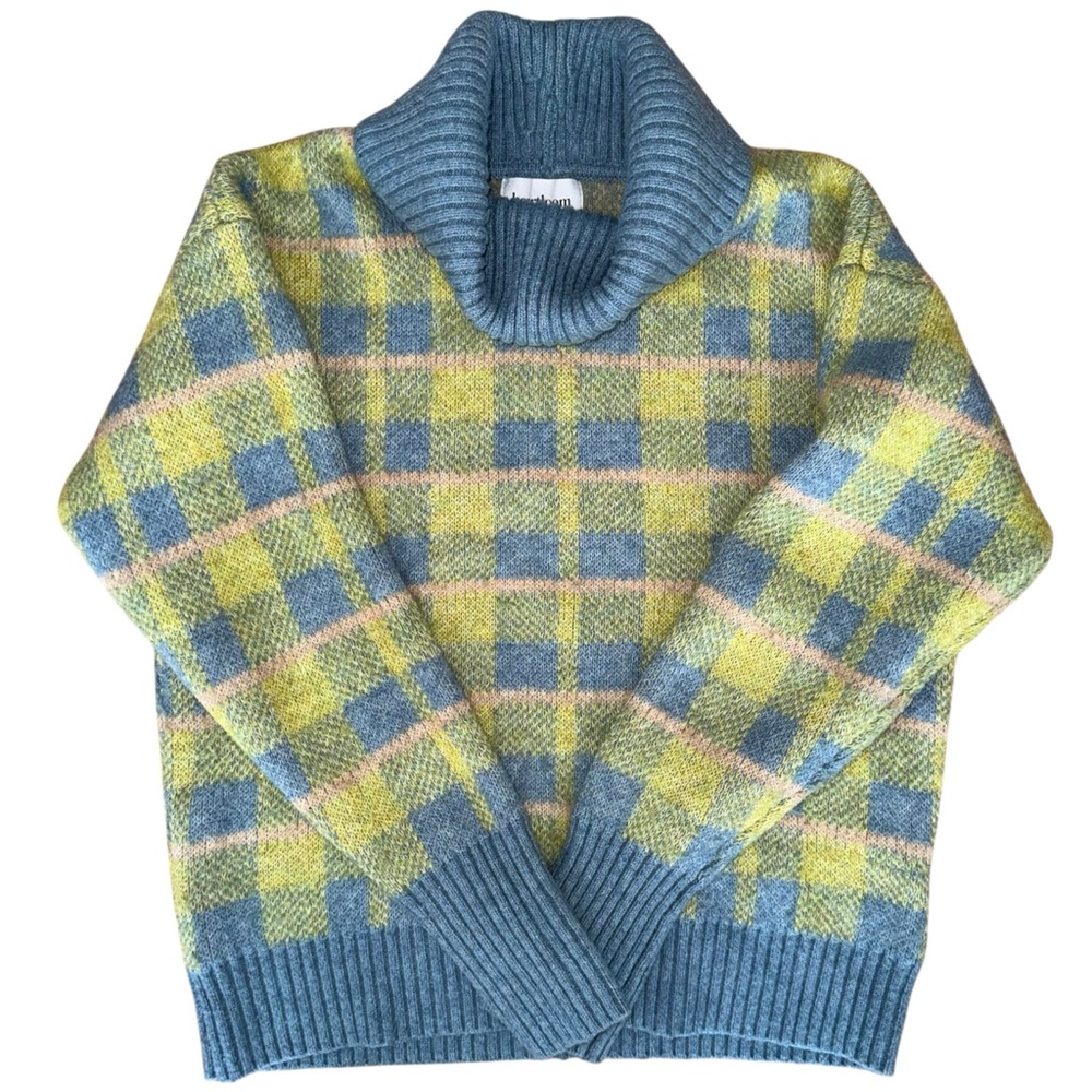 Heartloom Anthropologie Large Plaid Turtleneck Sweater Chartreuse Wool Blend